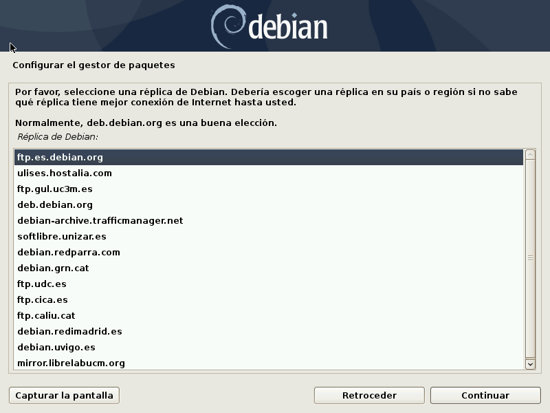 Selección de una réplica de Debian